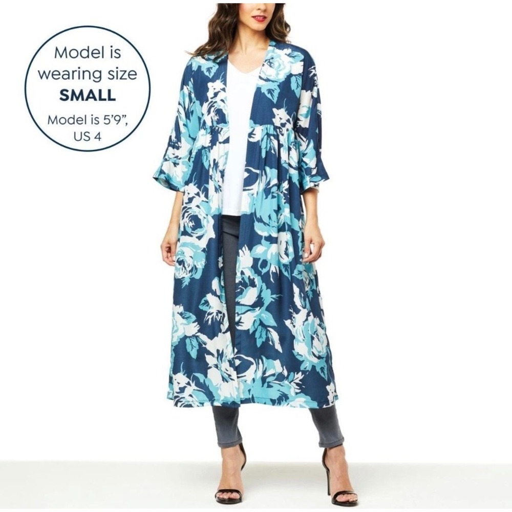 IMAN Kimono Duster Womens S Blue Floral Open Front Longline Boho Coastal Resort